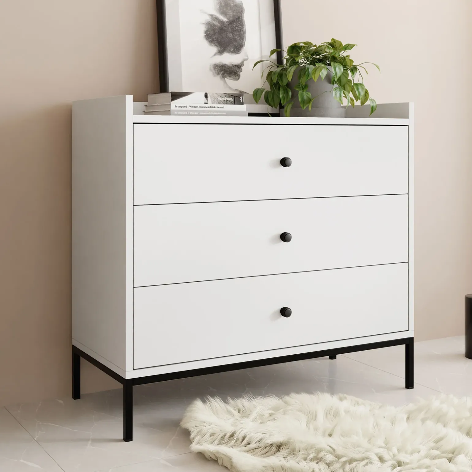 Cassettiera 80x80h cm design moderno 3 cassetti bianco Pollon