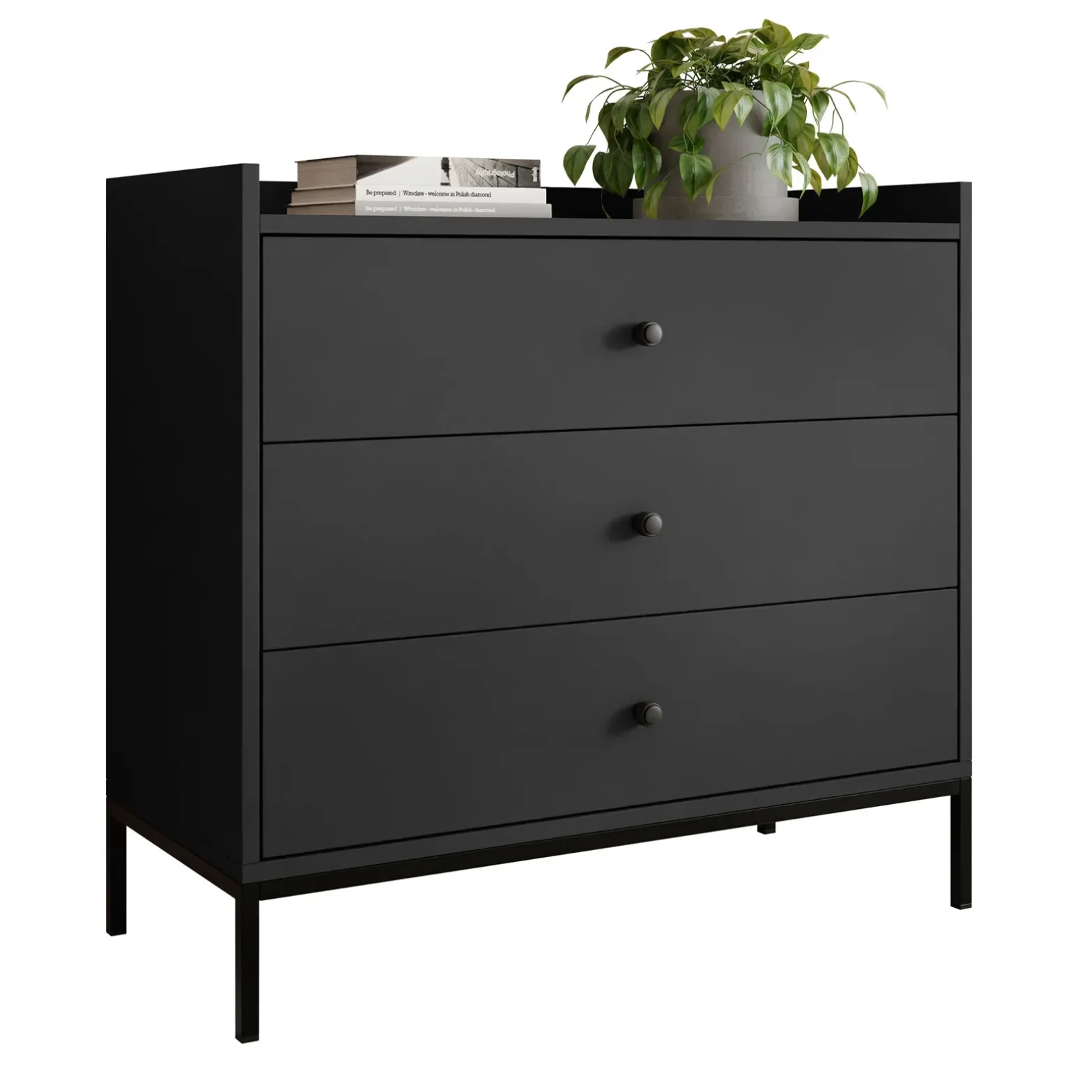 Cassettiera 80x80h cm design moderno 3 cassetti nero Pollon