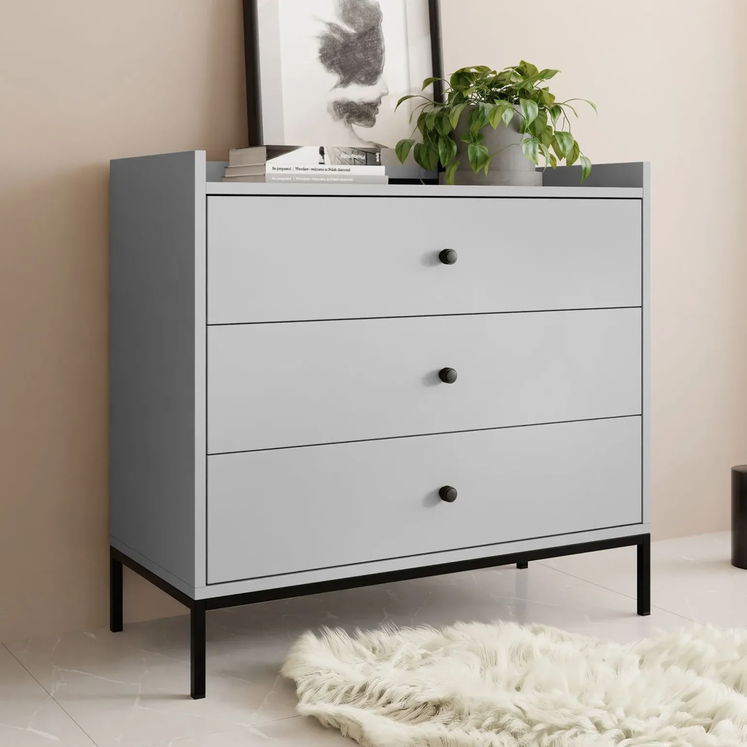 Cassettiera 80x80h cm design moderno 3 cassetti grigio Pollon