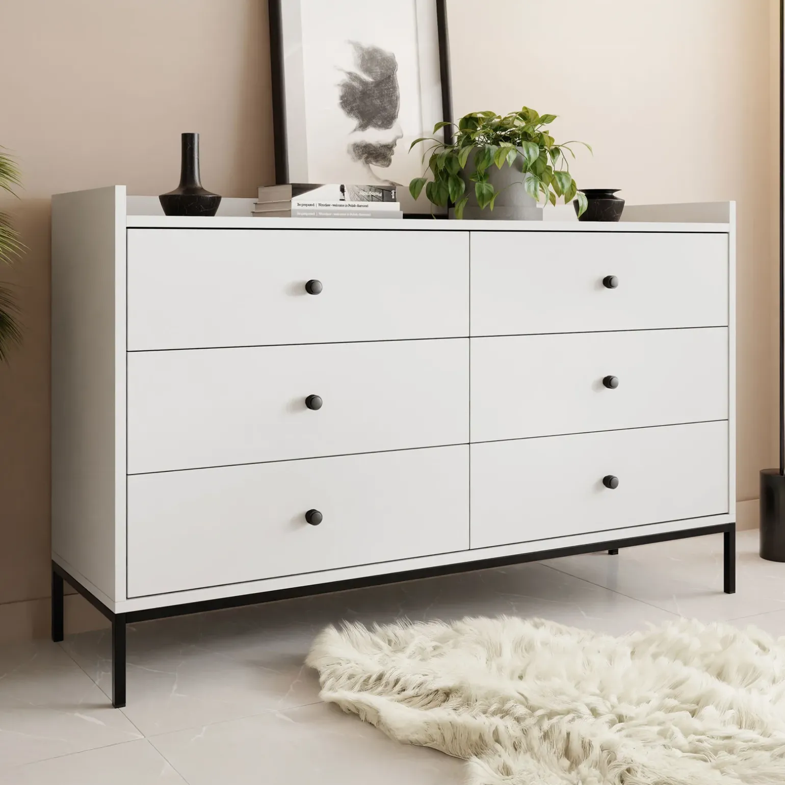 Cassettiera 130x80h cm design moderno 6 cassetti bianco Pollon