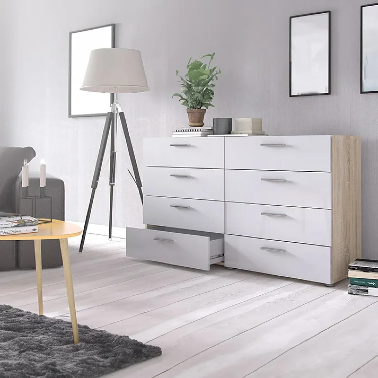 Cassettiera 138x83h cm moderna bianco lucido rovere Betty Gihome®