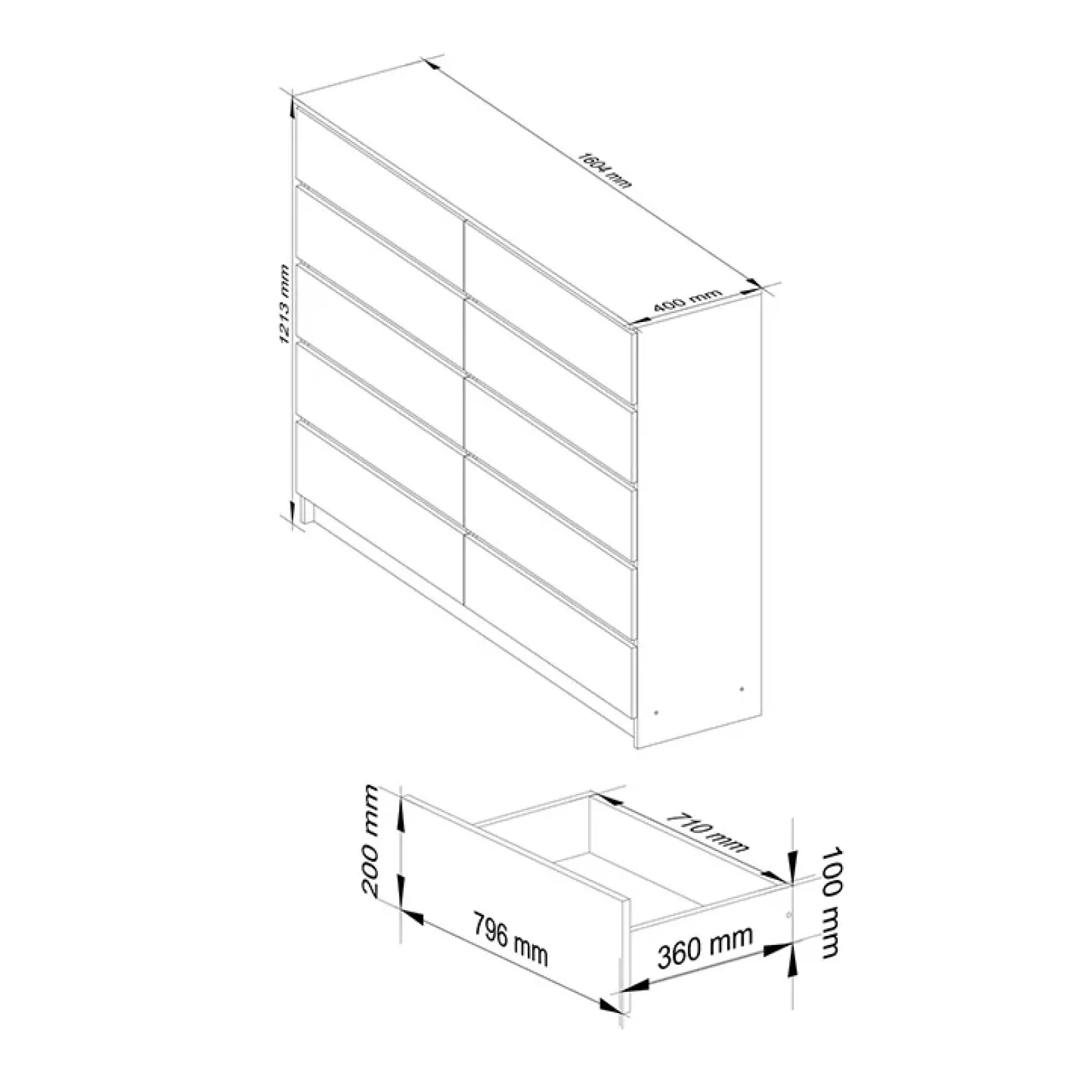 Cassettiera 160x120h cm moderna 10 cassetti bianco Living