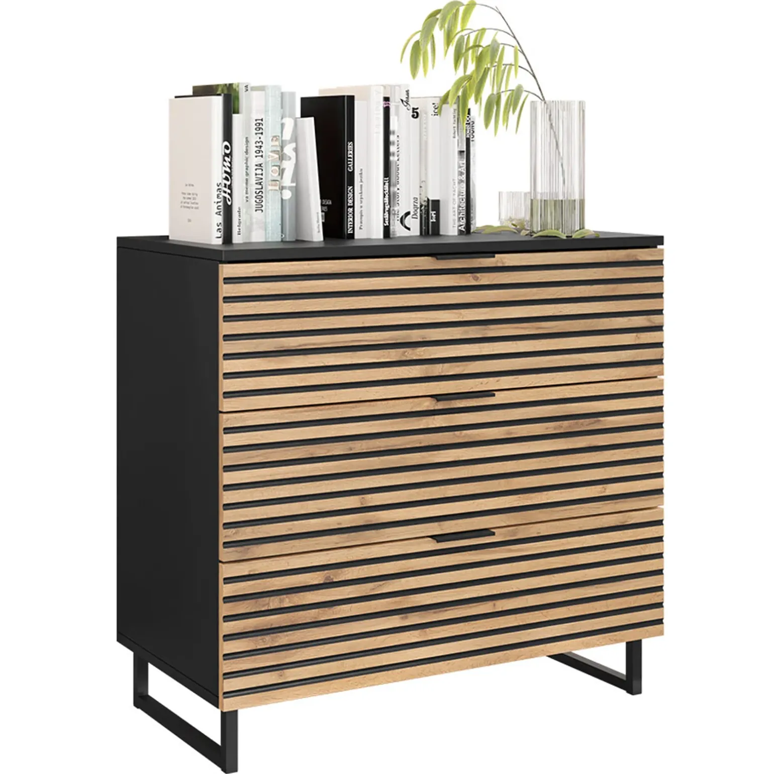 Cassettiera 80x76h cm rustica design cannettato rovere nero List