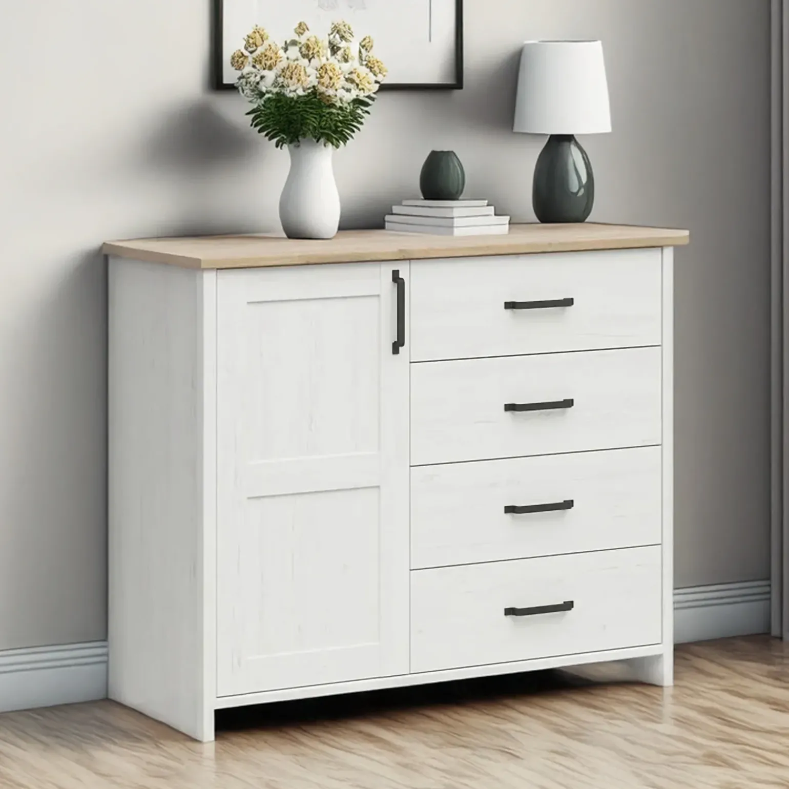 Cassettiera 120x99h cm scandinava 4 cassetti 1 anta bianco frassinato rovere Lars