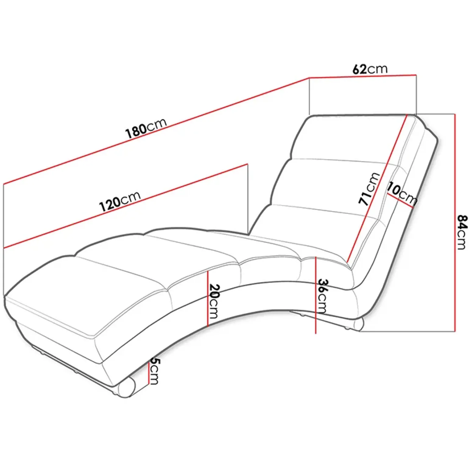 Chaise longue design 180cm imbottita in tessuto nero Marty