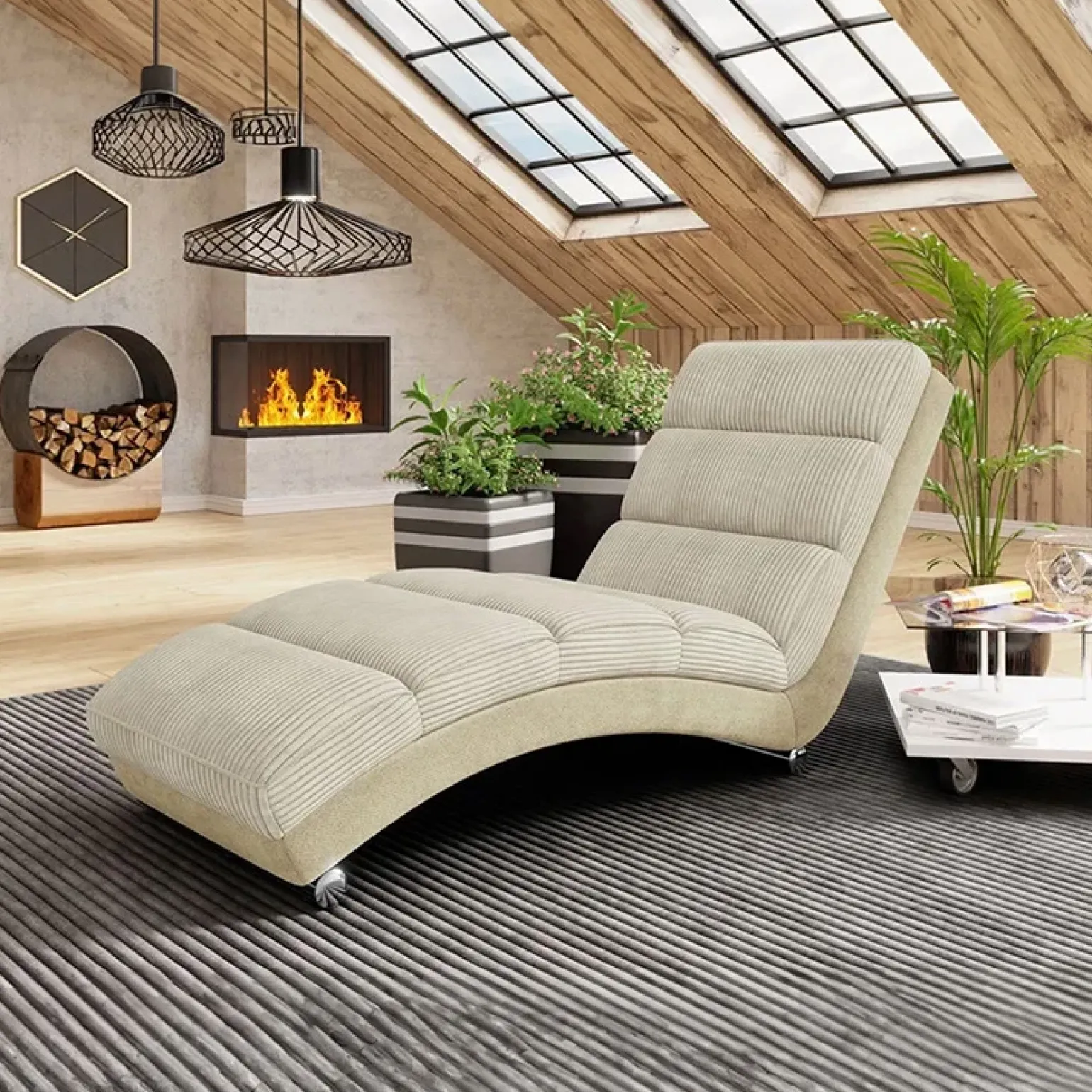 Chaise longue imbottita in velluto a coste 180cm beige Marty