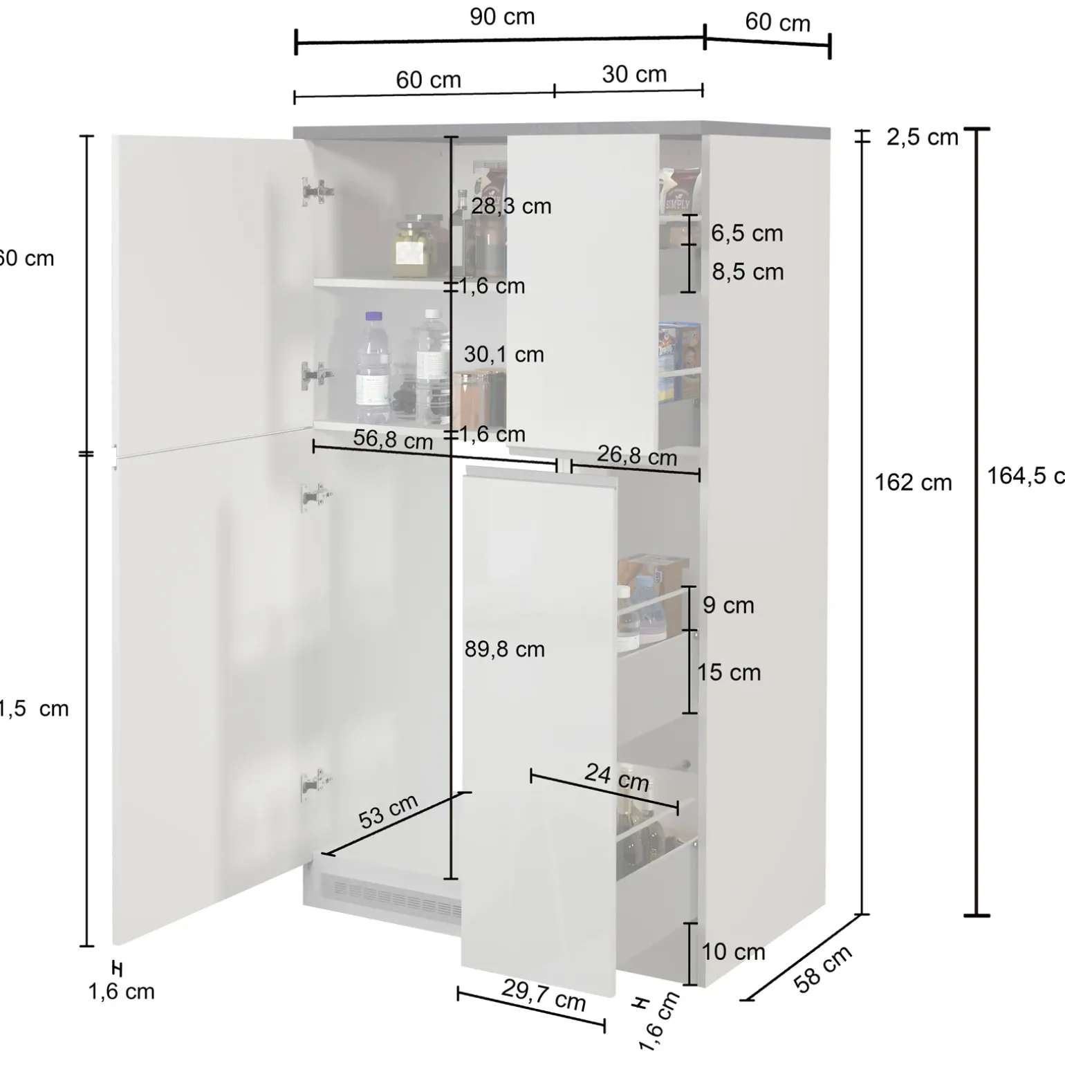 Colonna frigo dispensa cucina 90x165h cm moderna antracite rovere Gourmet