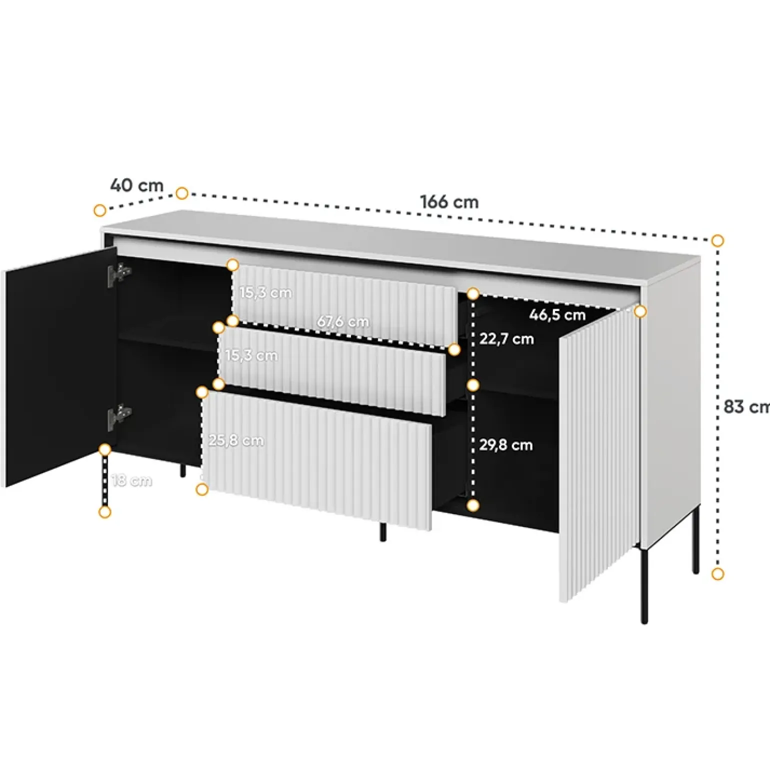 Comò 136x91h cm 1 anta 3 cassetti con LED grigio nero Luna