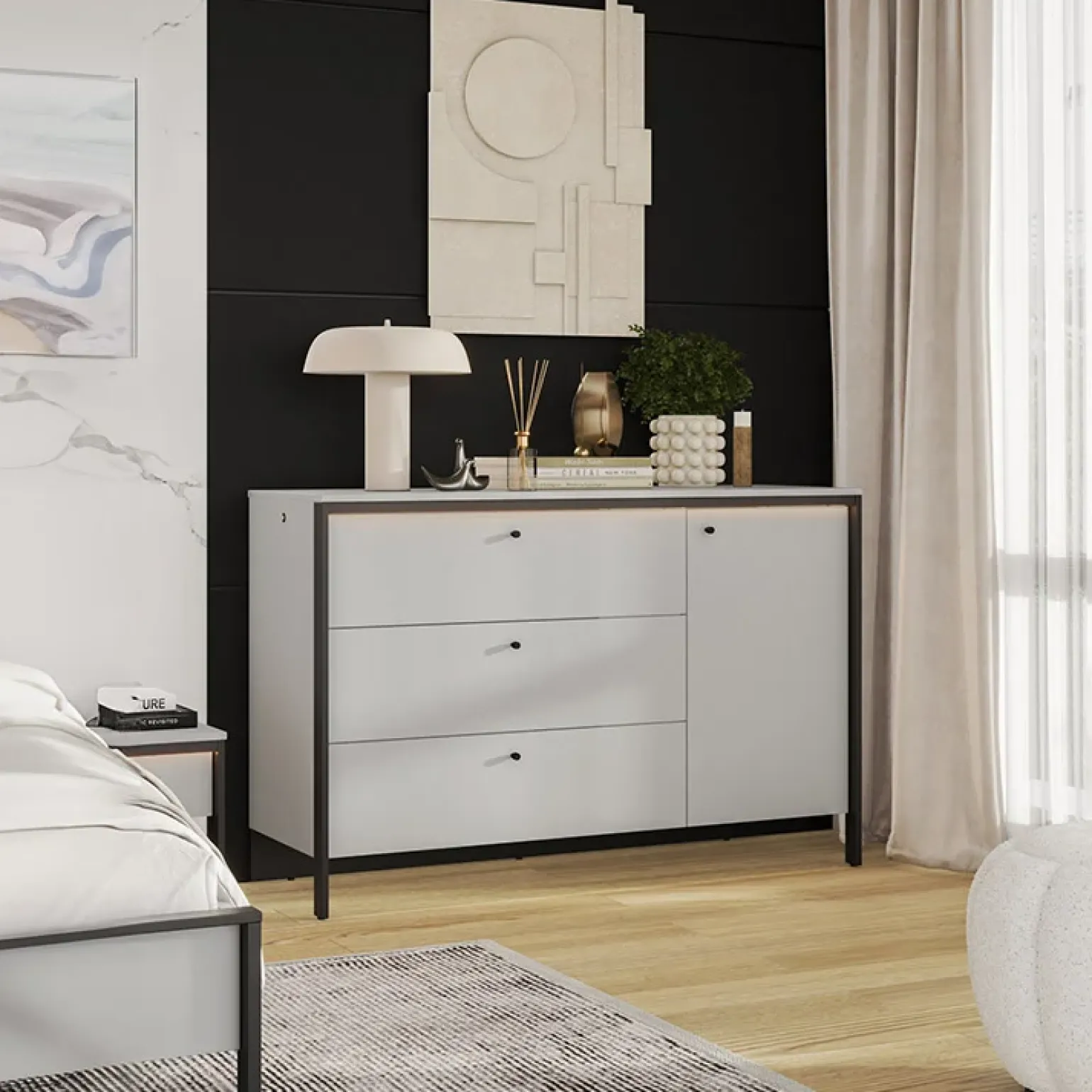 Comò 136x91h cm 1 anta 3 cassetti con LED grigio nero Luna
