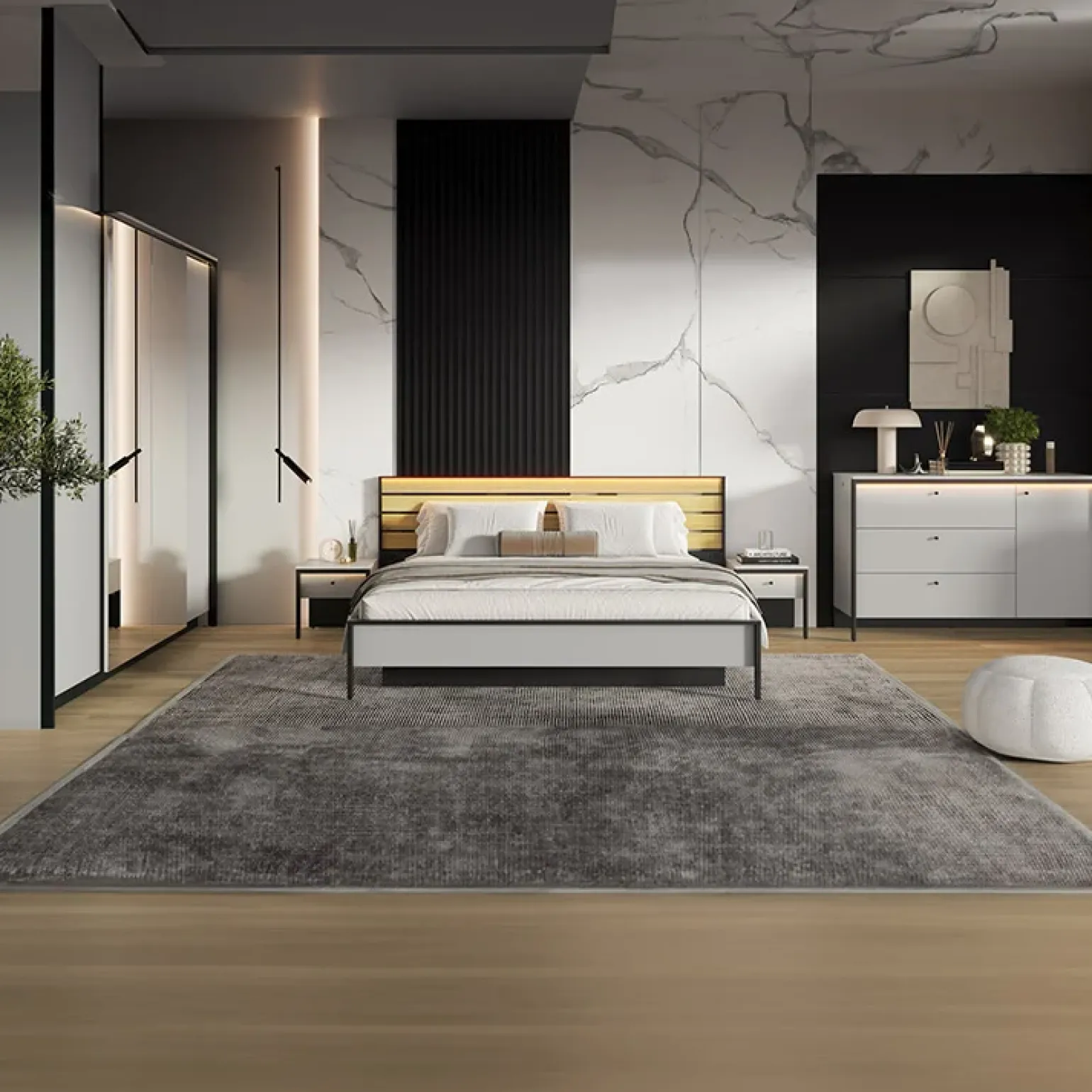 Comò 136x91h cm 1 anta 3 cassetti con LED grigio nero Luna