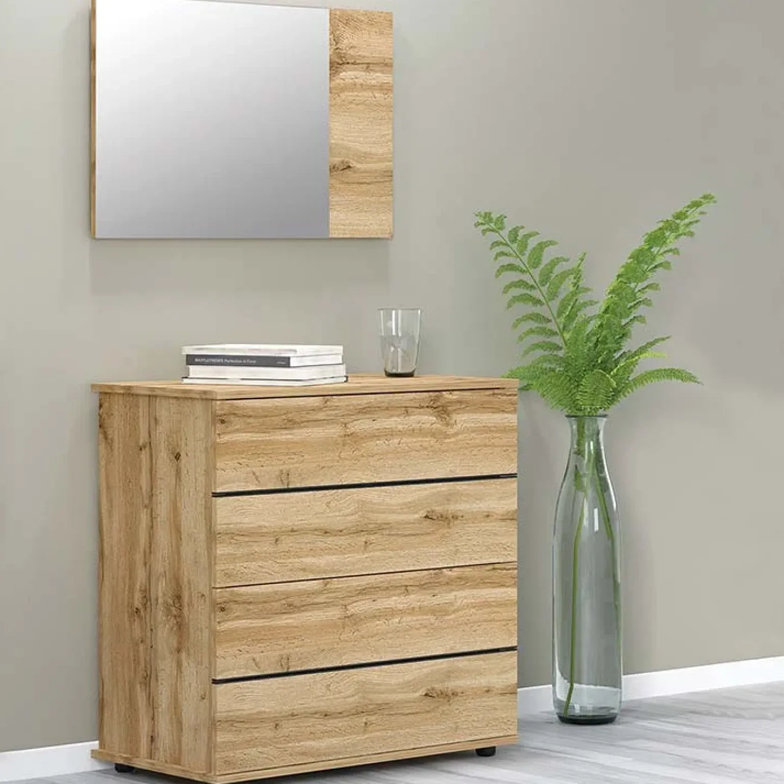Comò 80x80h cm 4 cassetti con specchio moderno quercia Tamika