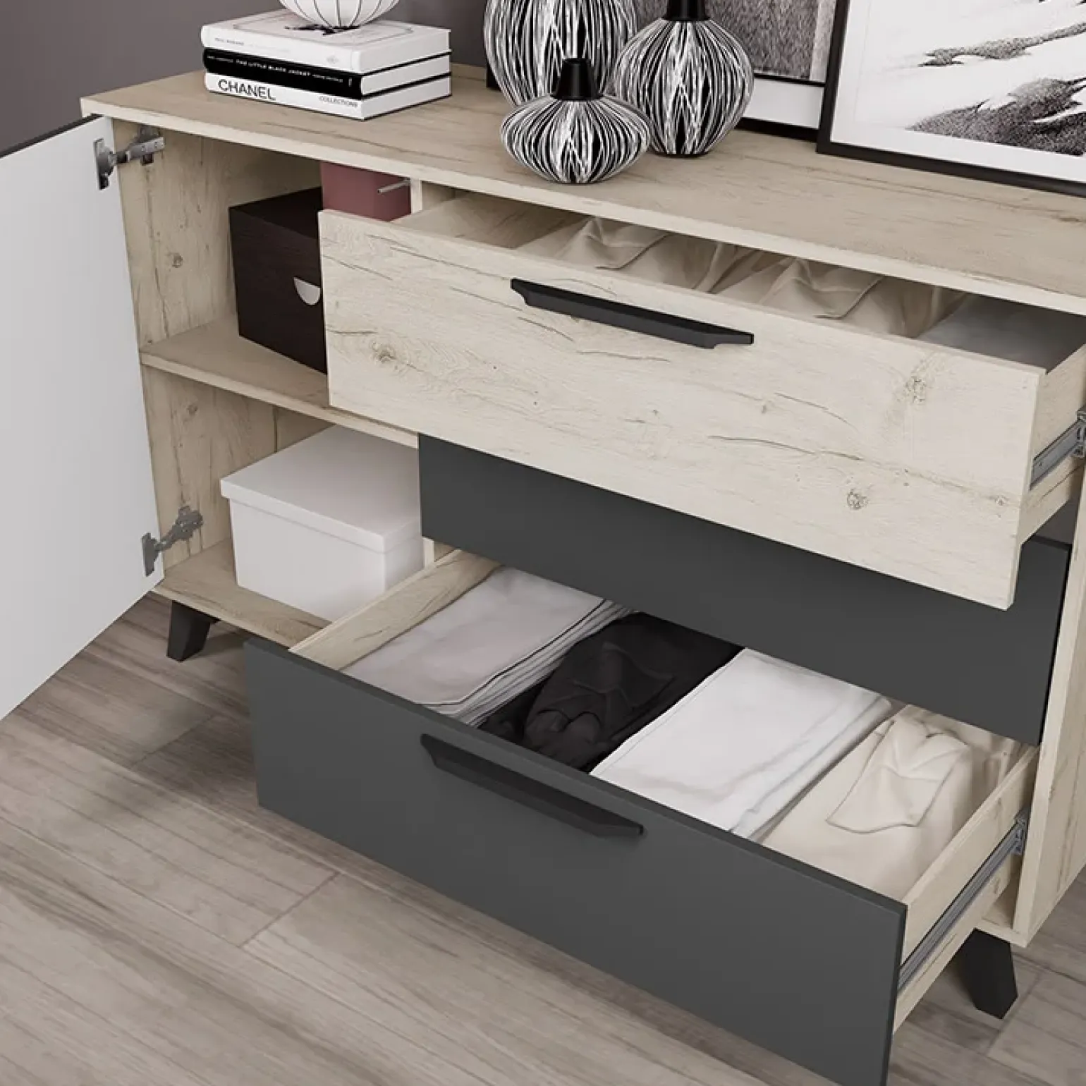 Comò 130x80h cm 3 cassetti moderno rovere antracite opaco Urbino