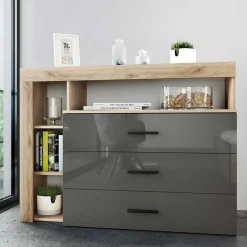 Comò 120x90h cm 3 cassetti moderno rovere antracite lucido Senna