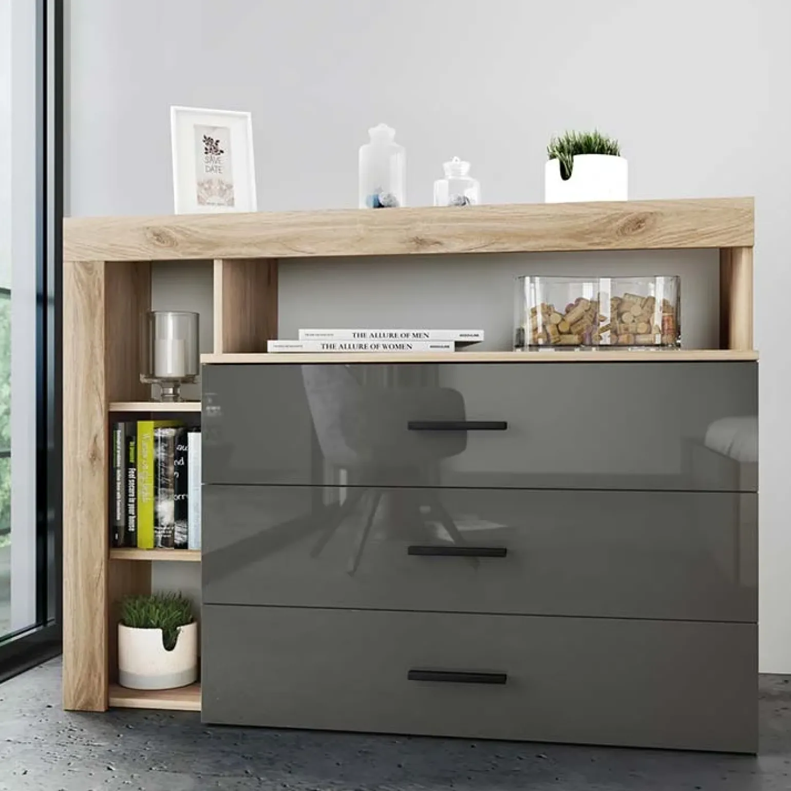 Comò 120x90h cm 3 cassetti moderno rovere antracite lucido Senna