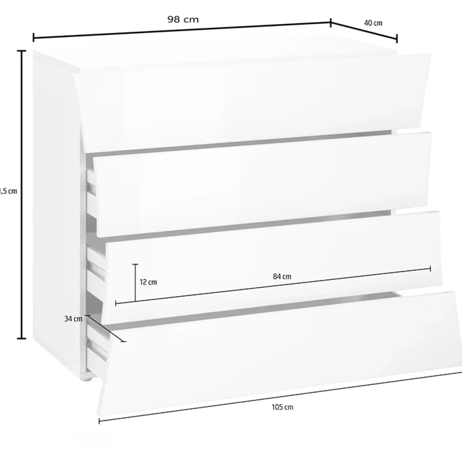 Comò 98x82h cm 4 cassetti moderno bianco lucido Neve