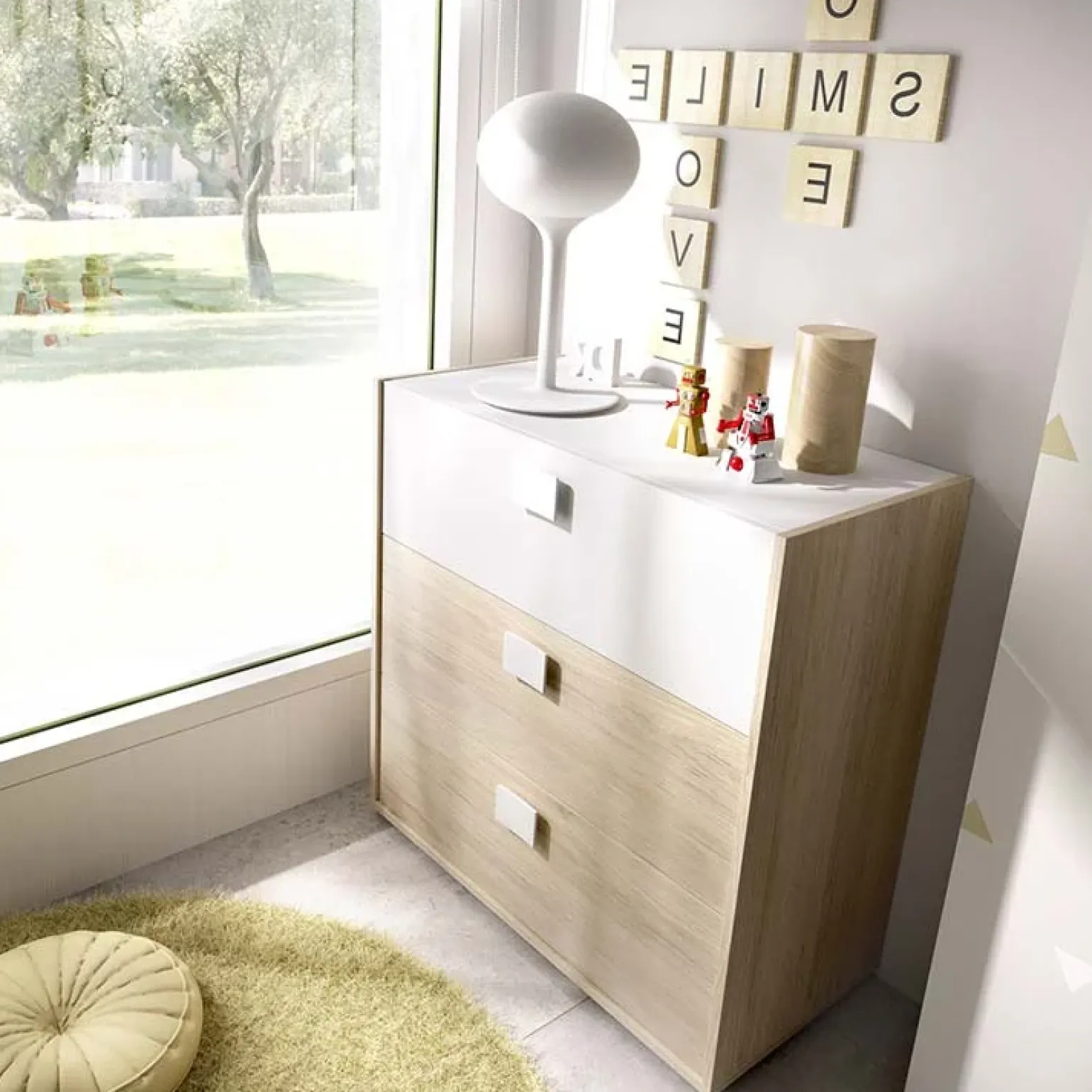 Comò 81x81h cm 3 cassetti moderno rovere bianco Cairo