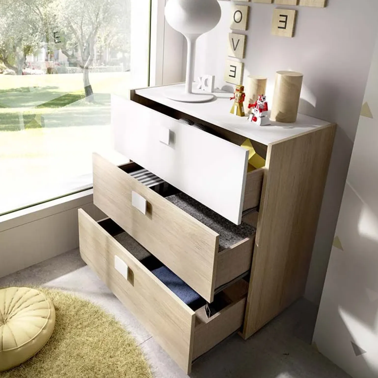 Comò 81x81h cm 3 cassetti moderno rovere bianco Cairo