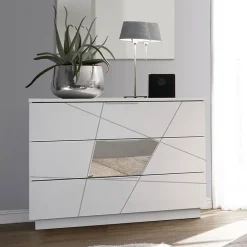 Comò 104x85h cm moderno bianco opaco frassinato con serigrafia e specchio Olimpo