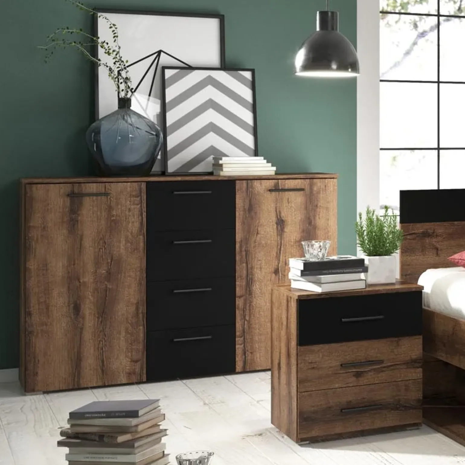 Comò 132x93h cm moderno rovere scuro nero Lisbona Gihome®