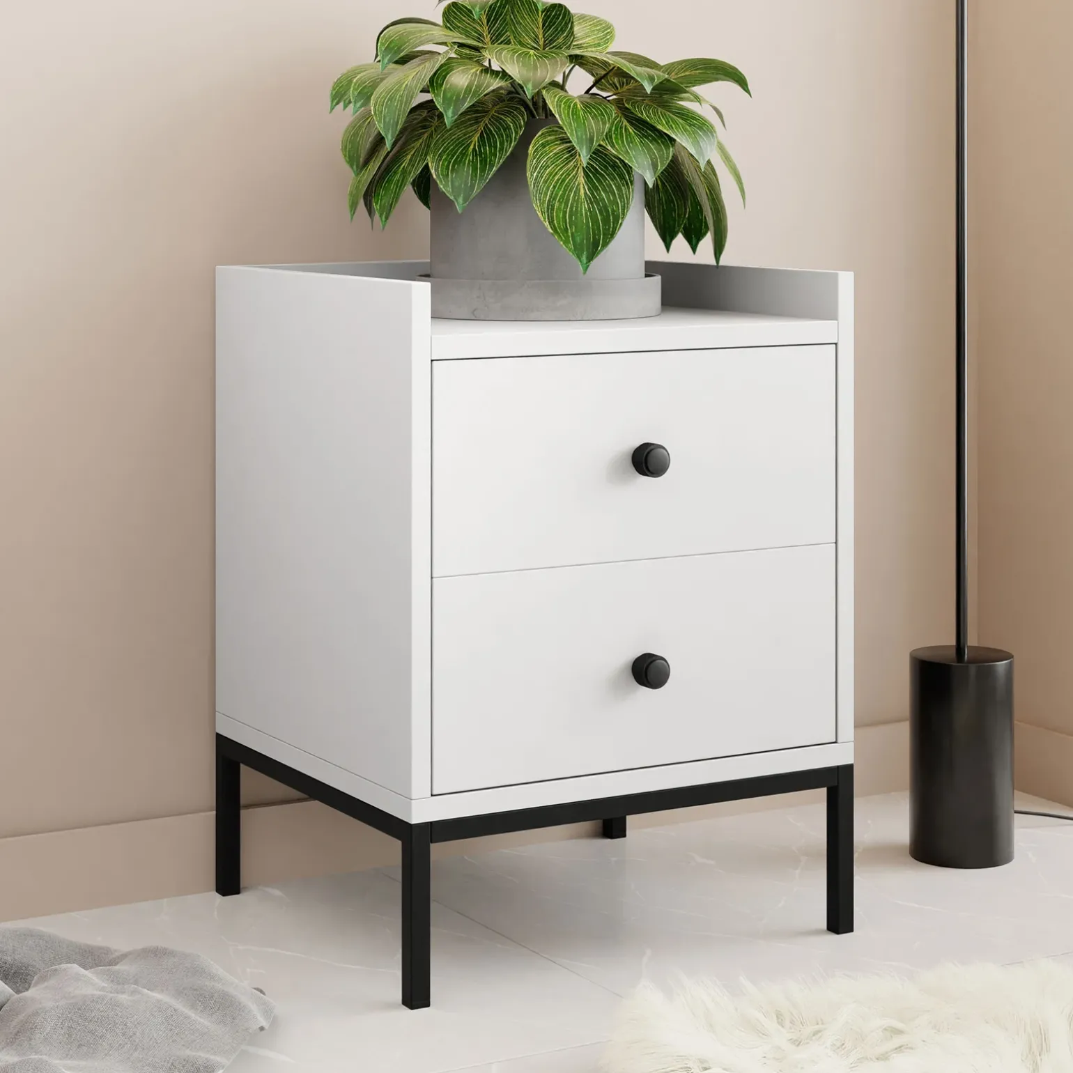 Comodino 40x47h cm 2 cassetti design moderno bianco Pollon