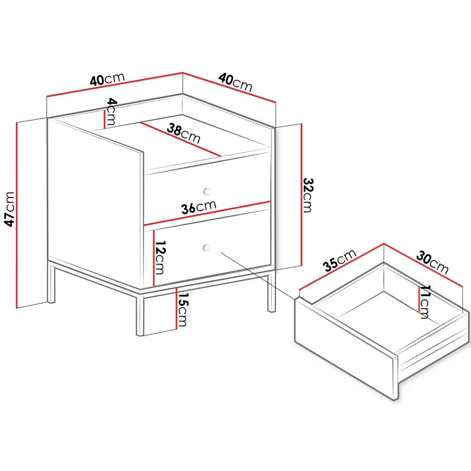Comodino 40x47h cm 2 cassetti design moderno bianco Pollon