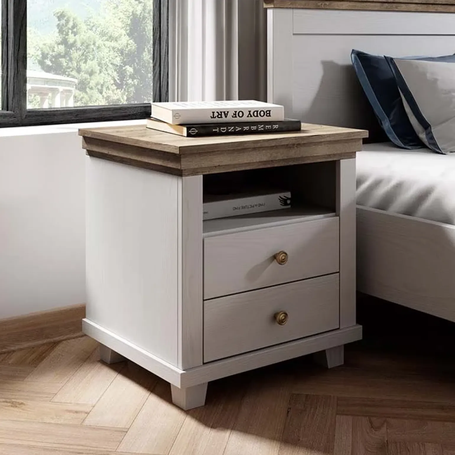Comodino 52x54h cm 2 cassetti moderno bianco frassinato quercia Texel