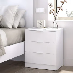 Comodino 50x58h cm 3 cassetti moderno bianco opaco Manuel
