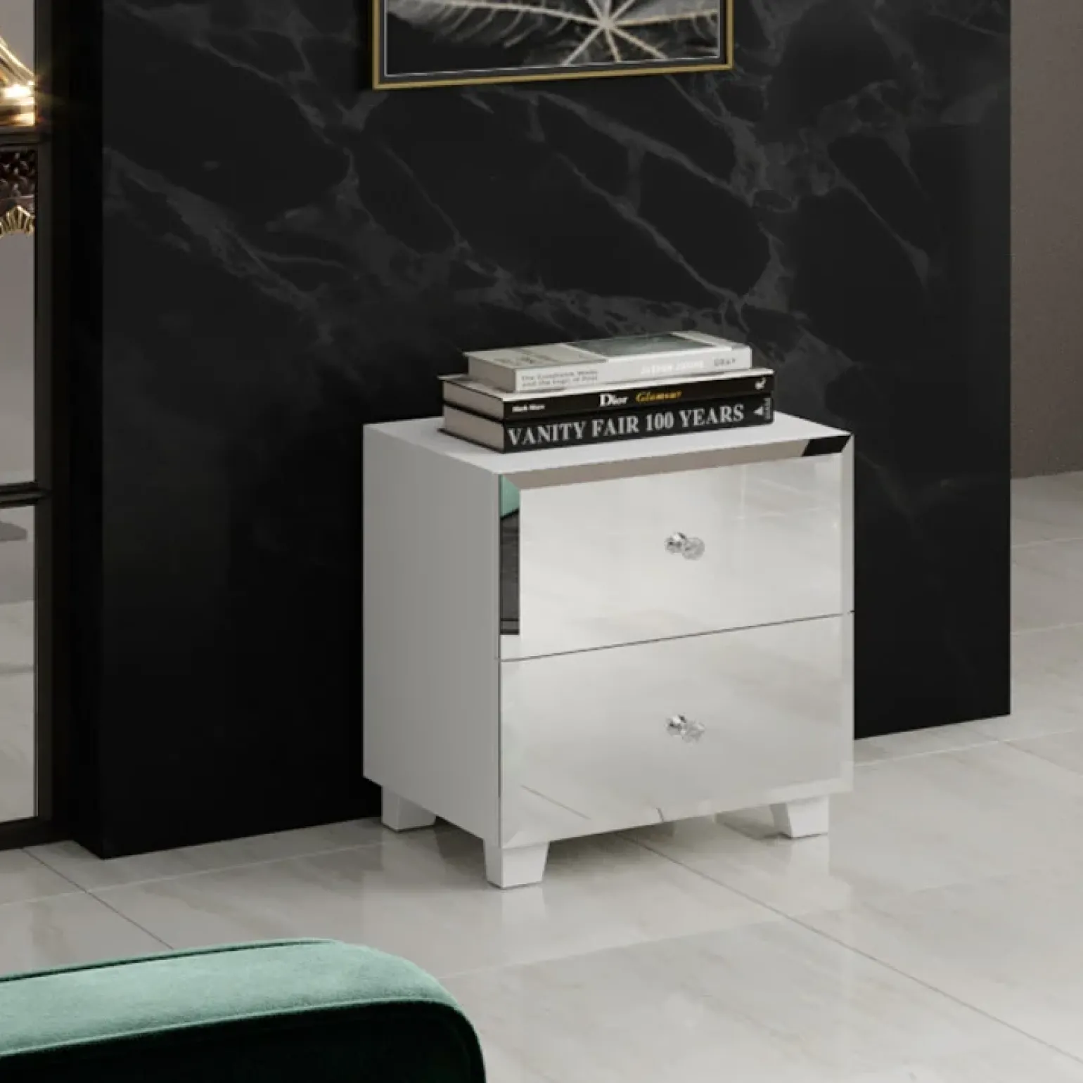Comodino 45x51h cm 2 cassetti design con specchio bianco Selva