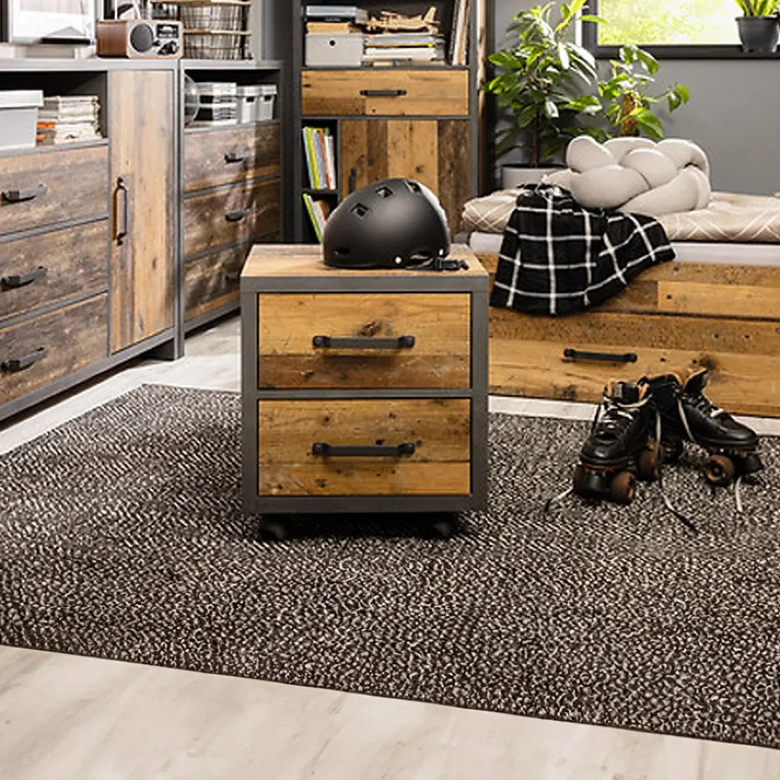 Comodino 46x51h cm 2 cassetti stile soft rovere scuro nero Urbania