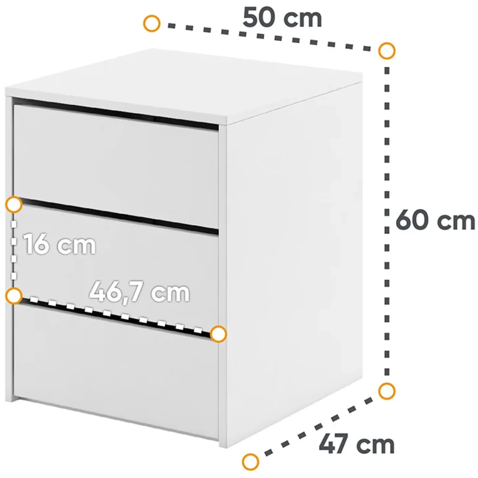 Comodino 50x60h cm 3 cassetti bianco opaco Ombra