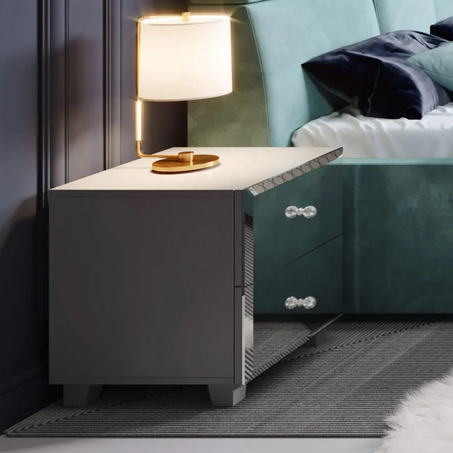Comodino 45x51h cm 2 cassetti design con specchio grigio Selva