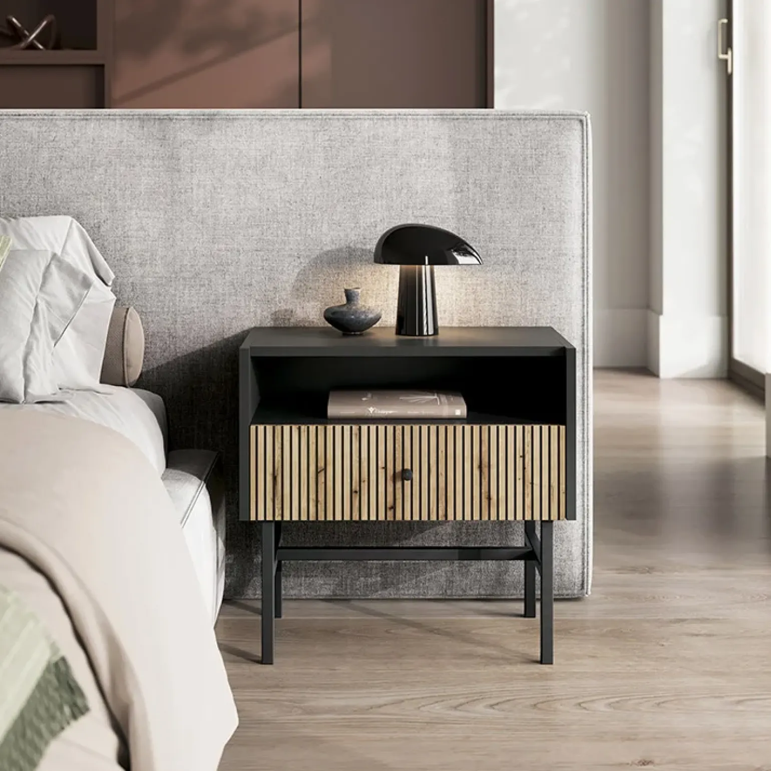 Comodino 55x52h cm 1 cassetto moderno nero rovere cannettato Eterna