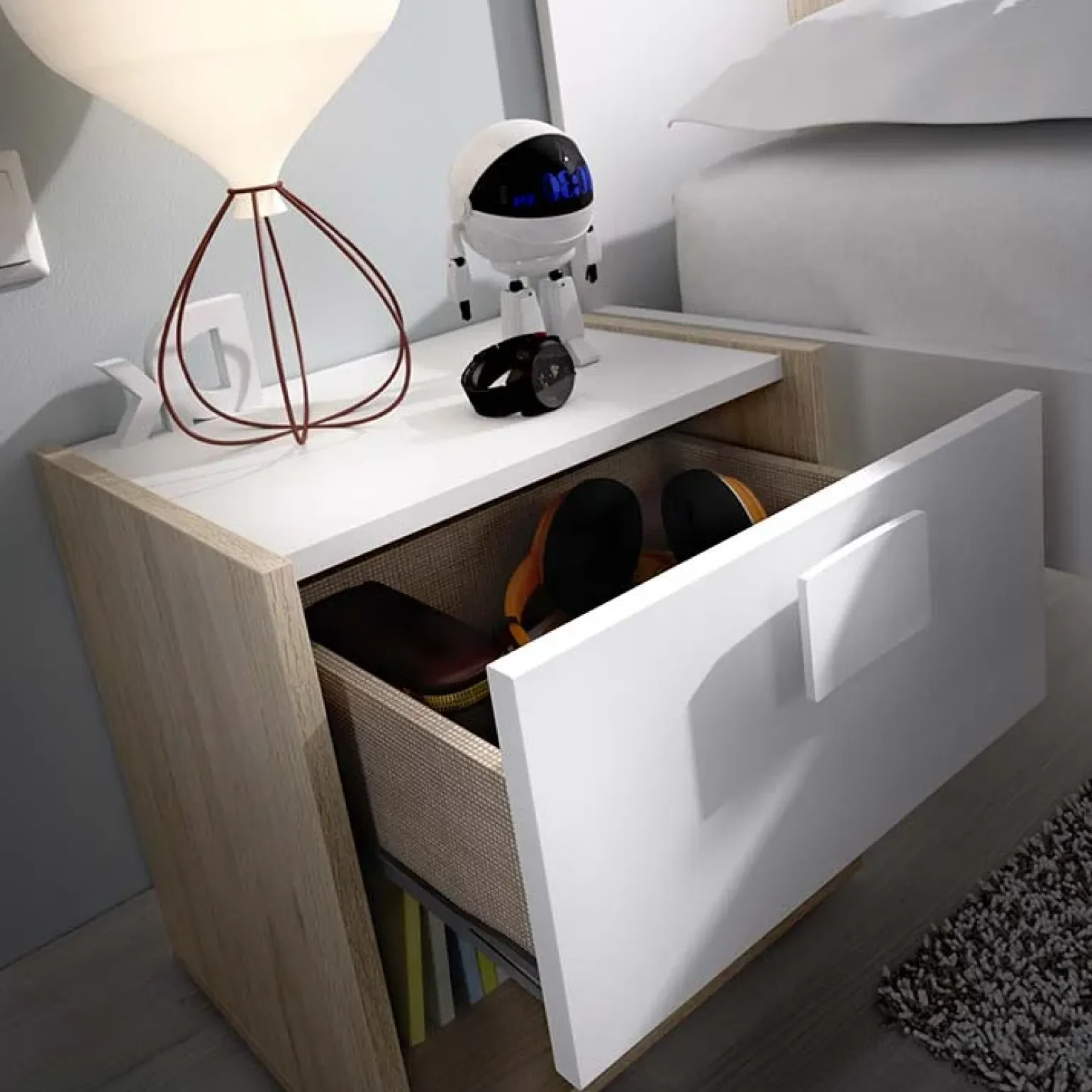 Comodino 40x42h cm 1 cassetto moderno rovere bianco Cairo