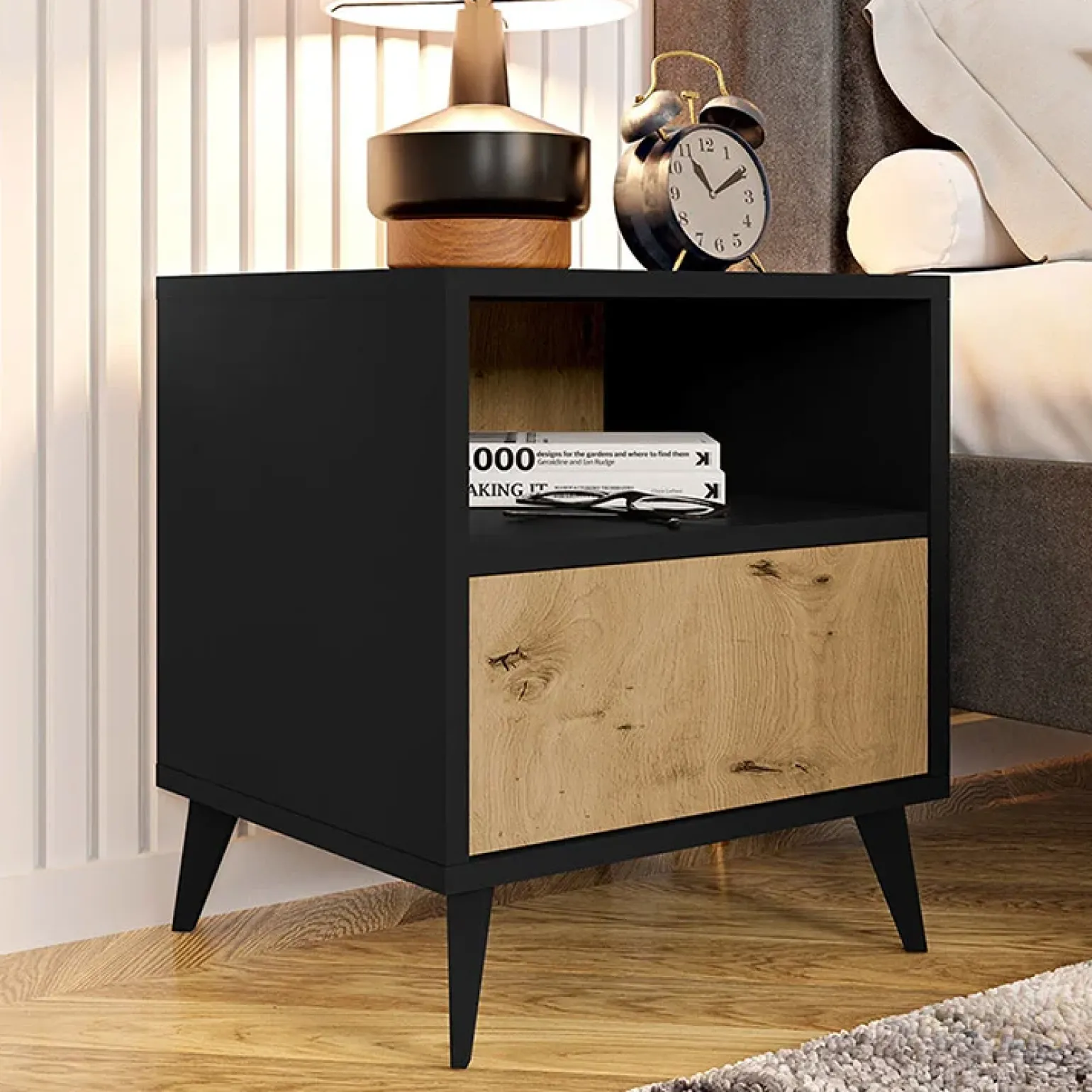 Comodino 47x52h cm 1 cassetto 1 vano a giorno rovere nero Hans