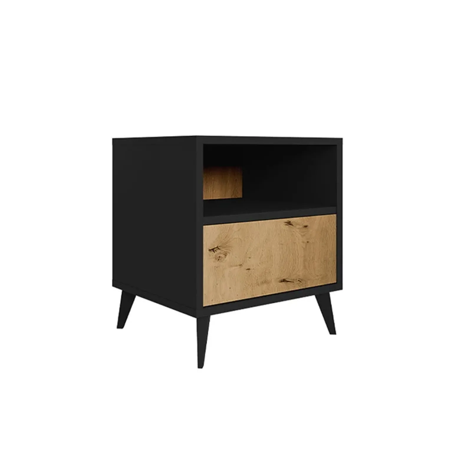 Comodino 47x52h cm 1 cassetto 1 vano a giorno rovere nero Hans