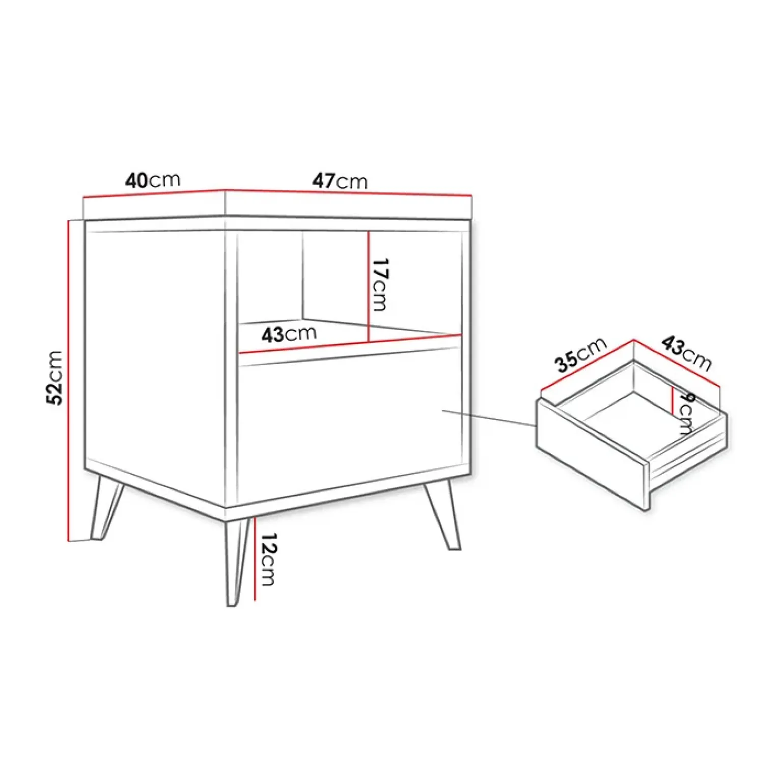 Comodino 47x52h cm 1 cassetto 1 vano a giorno rovere nero Hans