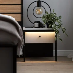 Comodino 40x40h cm 1 cassetto con LED grigio nero Luna