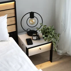 Comodino 40x40h cm 1 cassetto con LED grigio nero Luna