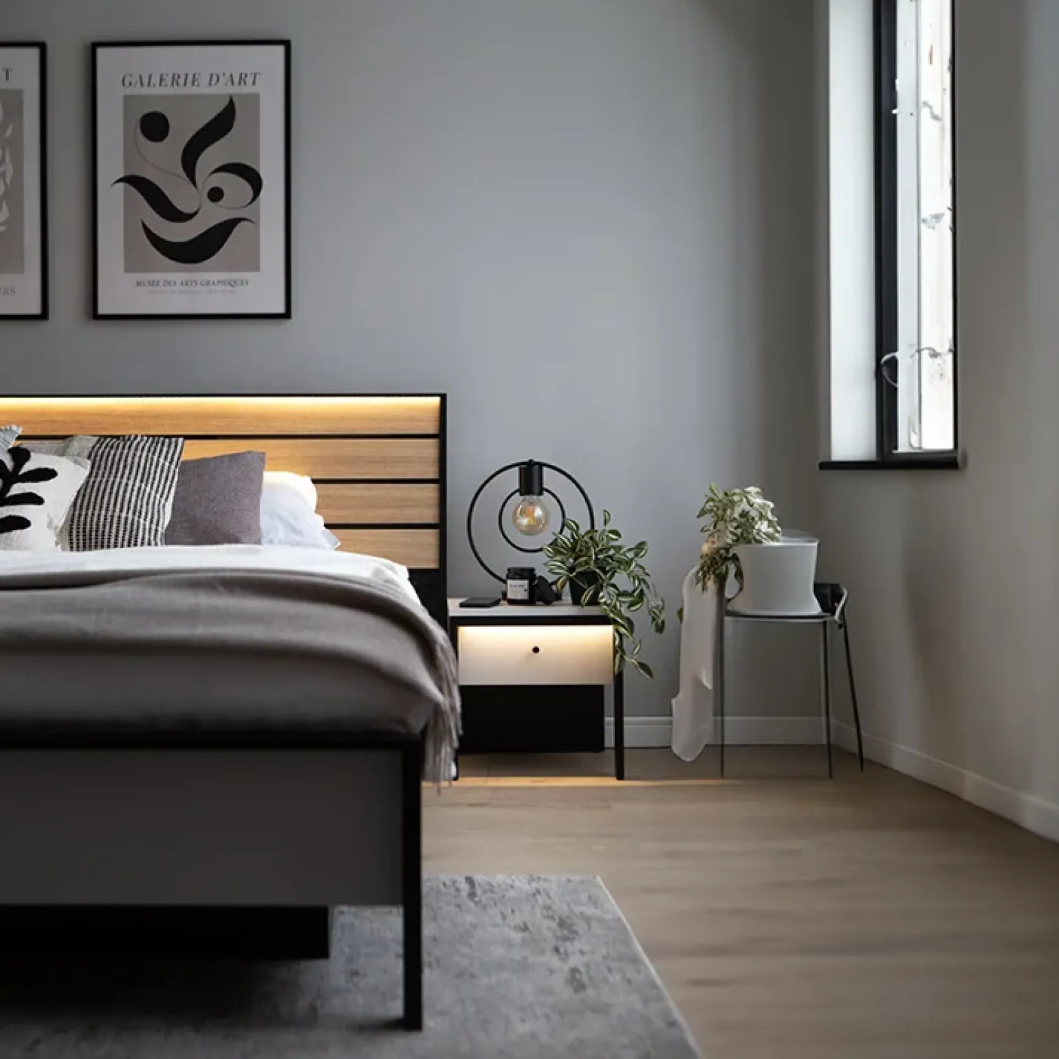 Comodino 40x40h cm 1 cassetto con LED grigio nero Luna