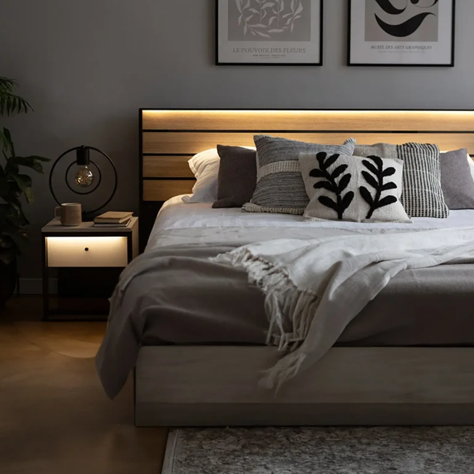 Comodino 40x40h cm 1 cassetto con LED grigio nero Luna