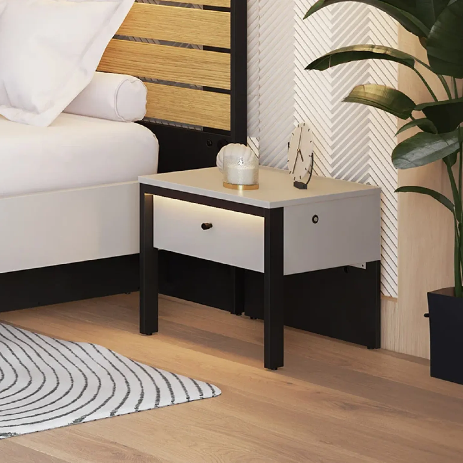 Comodino 40x40h cm 1 cassetto con LED grigio nero Luna