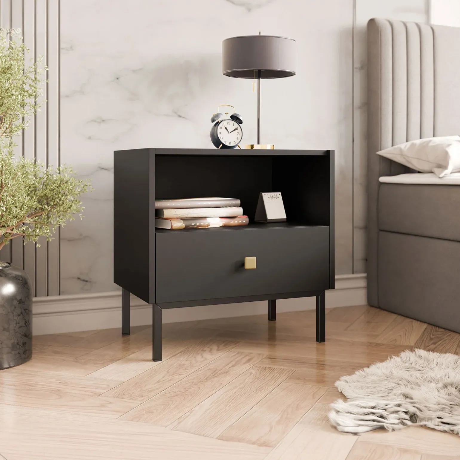 Comodino 55x56h cm 1 vano 1 cassetto nero opaco Giuggiola
