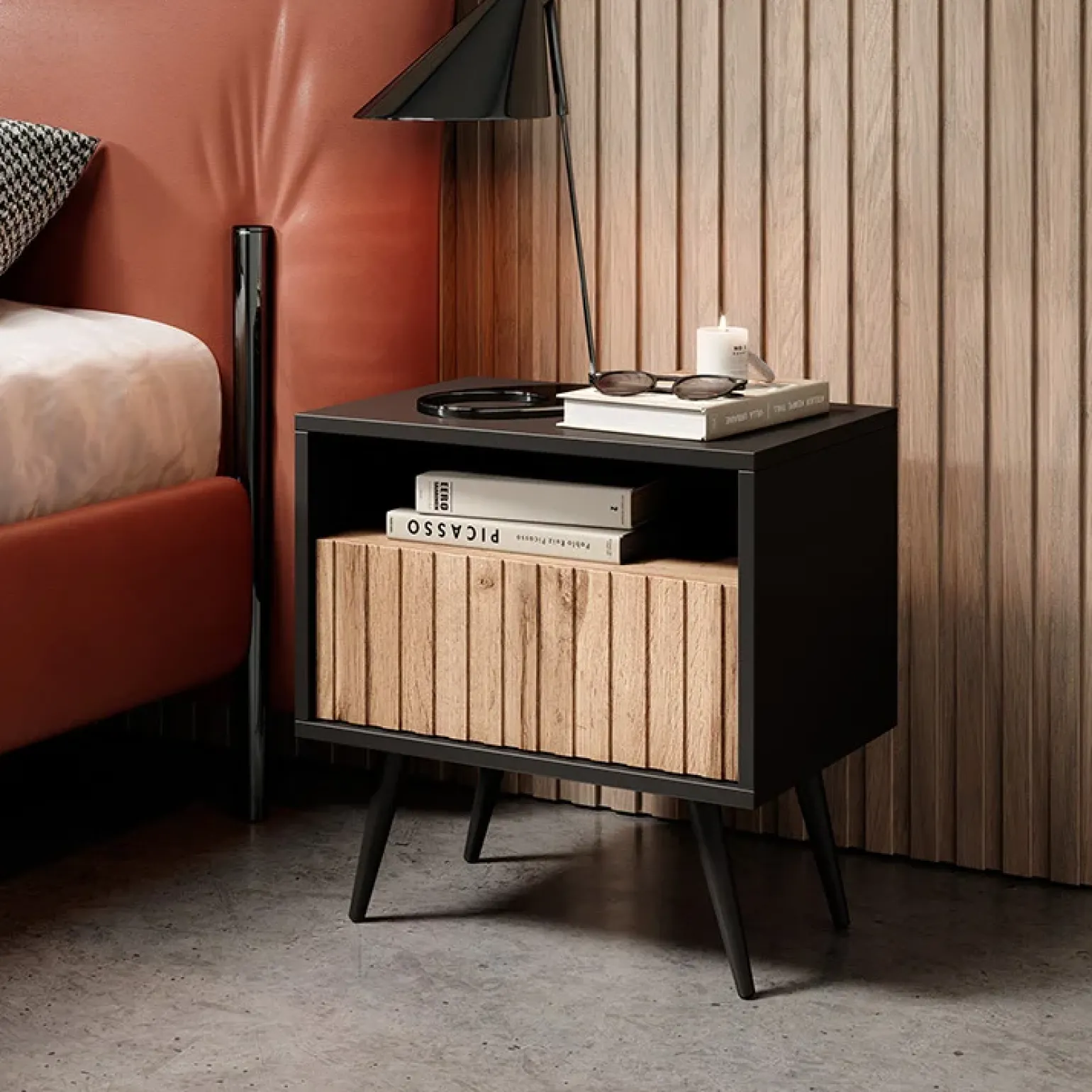 Comodino 47x48h cm moderno cannettato rovere nero Celestia
