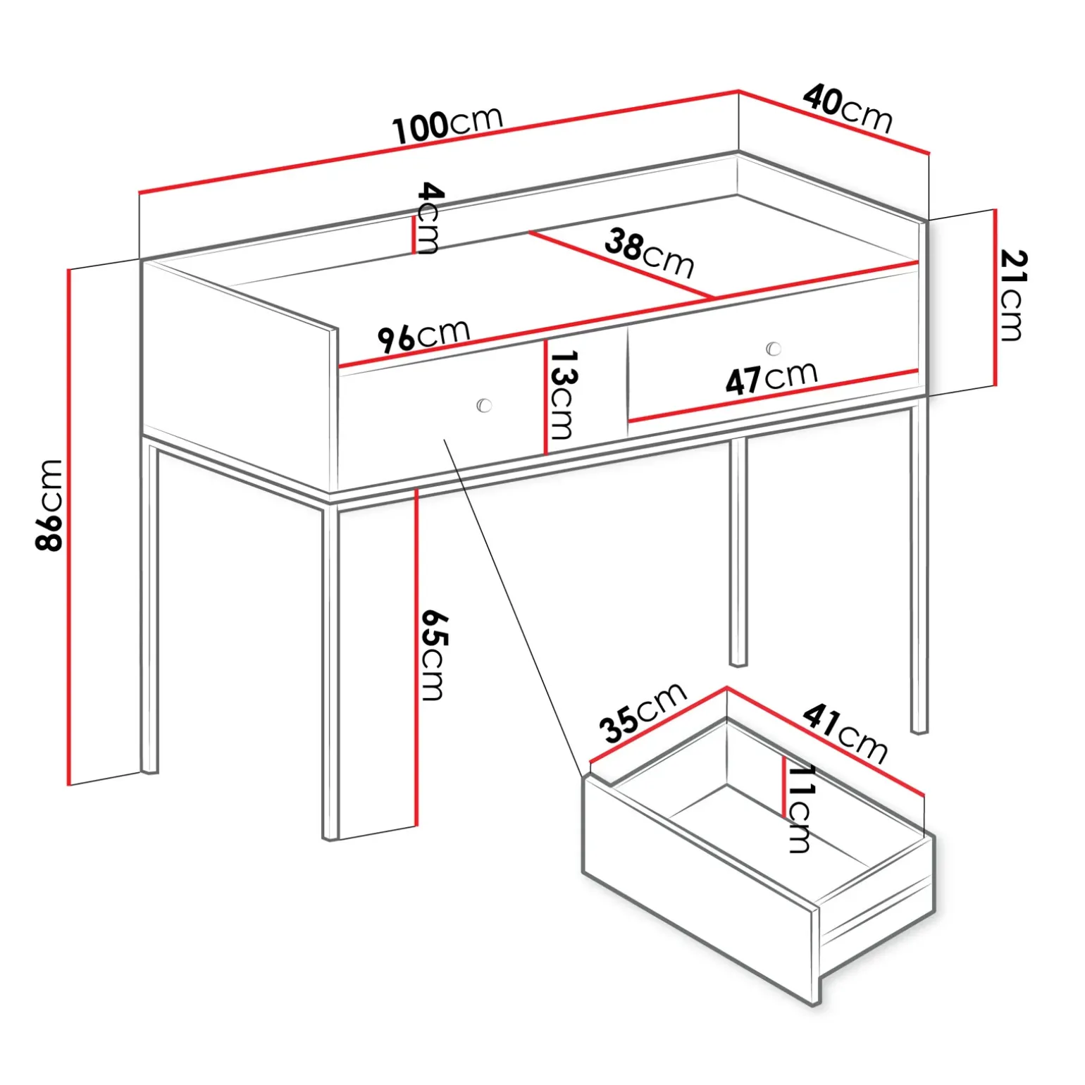 Consolle ingresso 100x86cm design moderno 2 cassetti bianco Pollon
