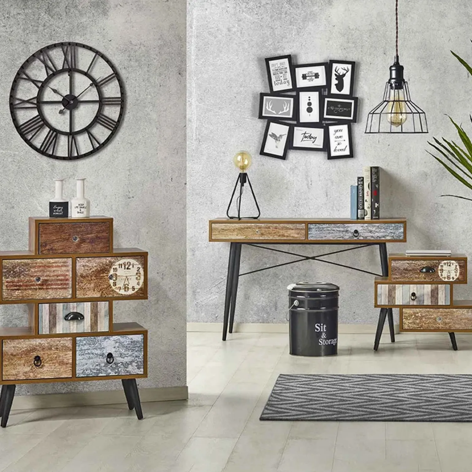 Consolle moderna 120x73cm acciaio nero rovere multicolore con stampe Kabul