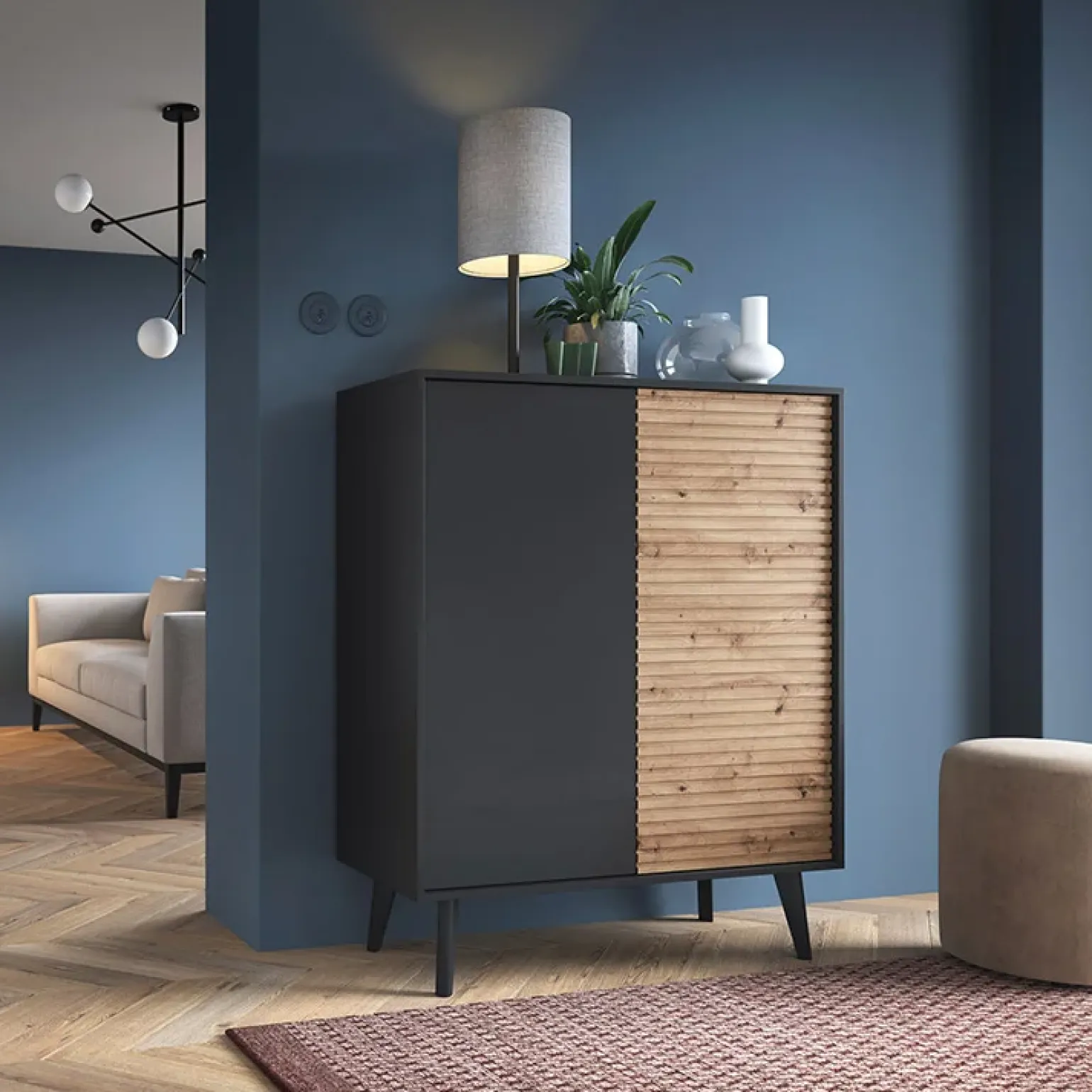 Credenza alta cannettata 104x125h cm con 2 ante in stile moderno rovere nero Gotham