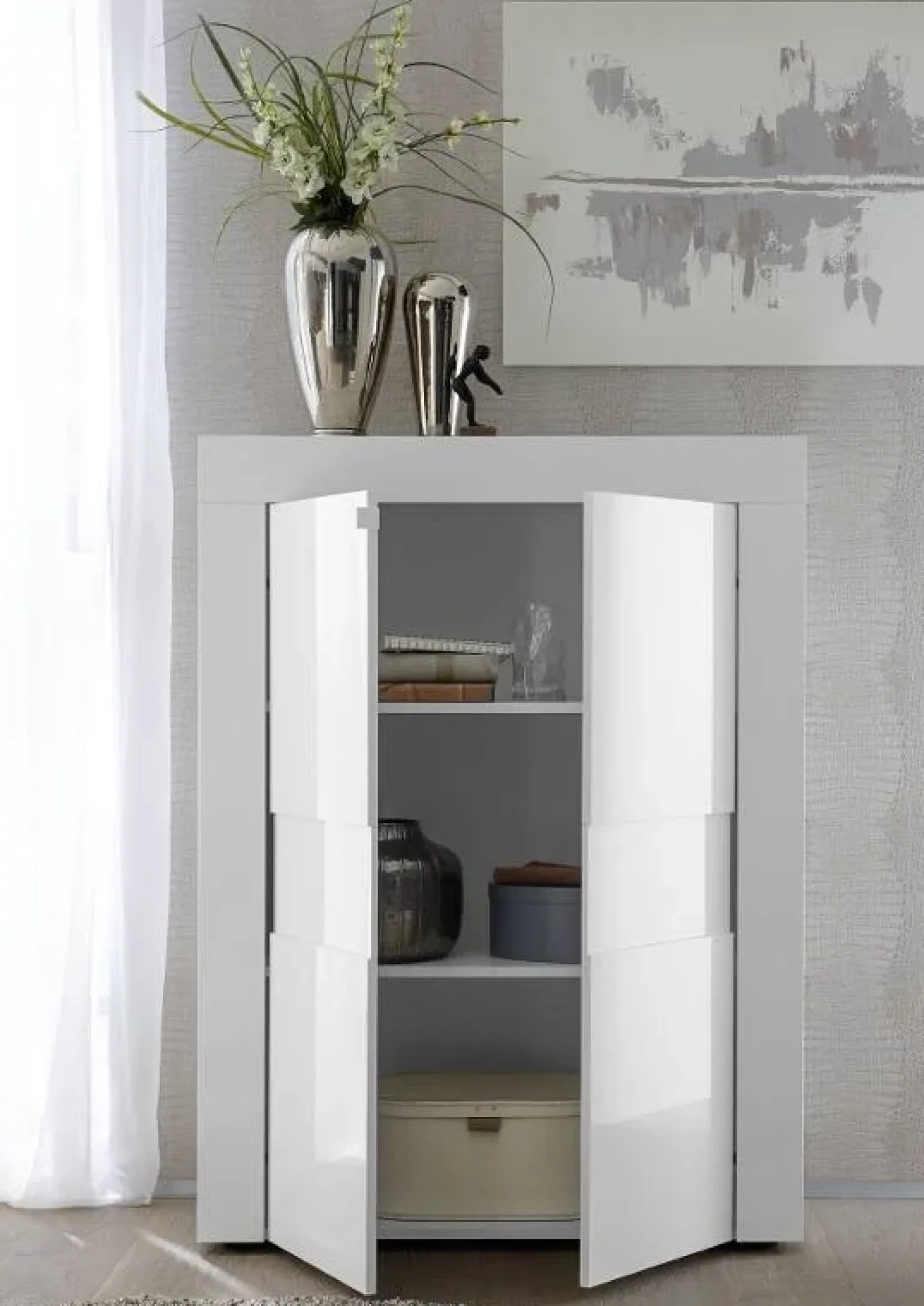 Credenza alta 92x125h cm 2 ante moderna bianco laccato lucido Easy