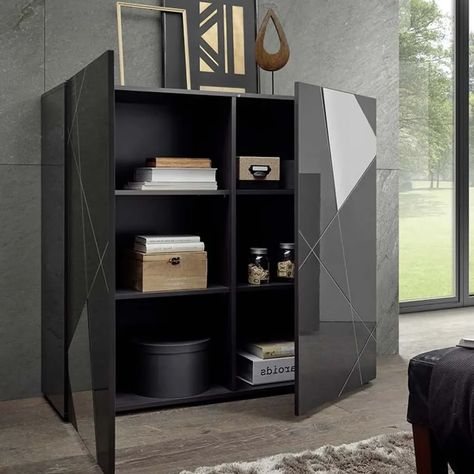 Credenza alta 120x109h cm 2 ante grigio lucido specchio con serigrafia Olimpo