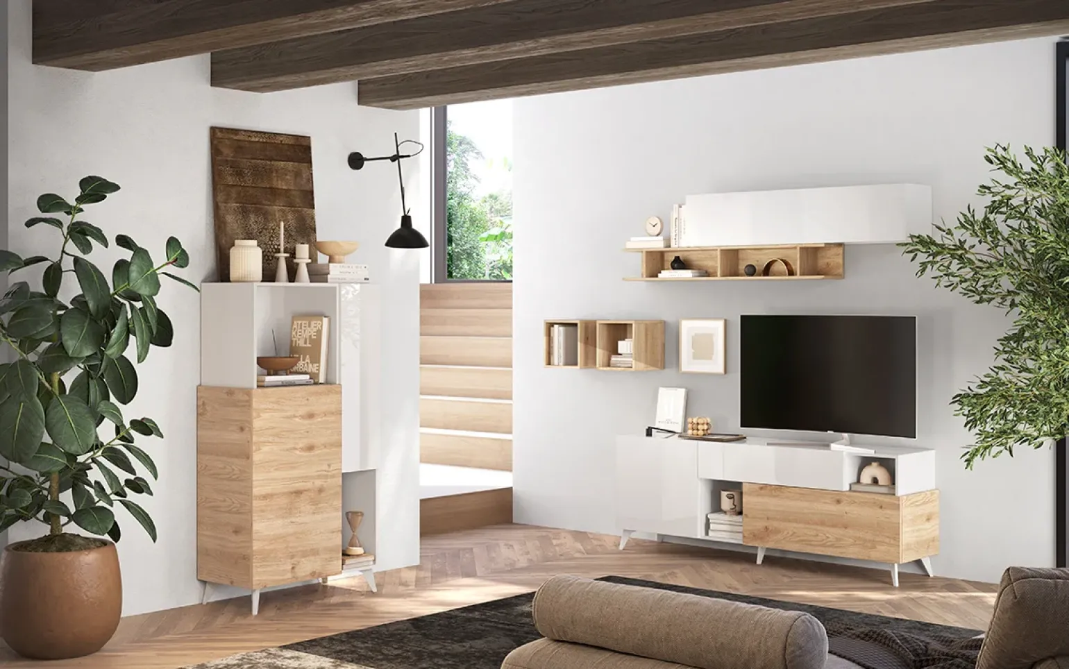 Credenza alta 81x154h cm 2 ante bianco lucido rovere chiaro Witty
