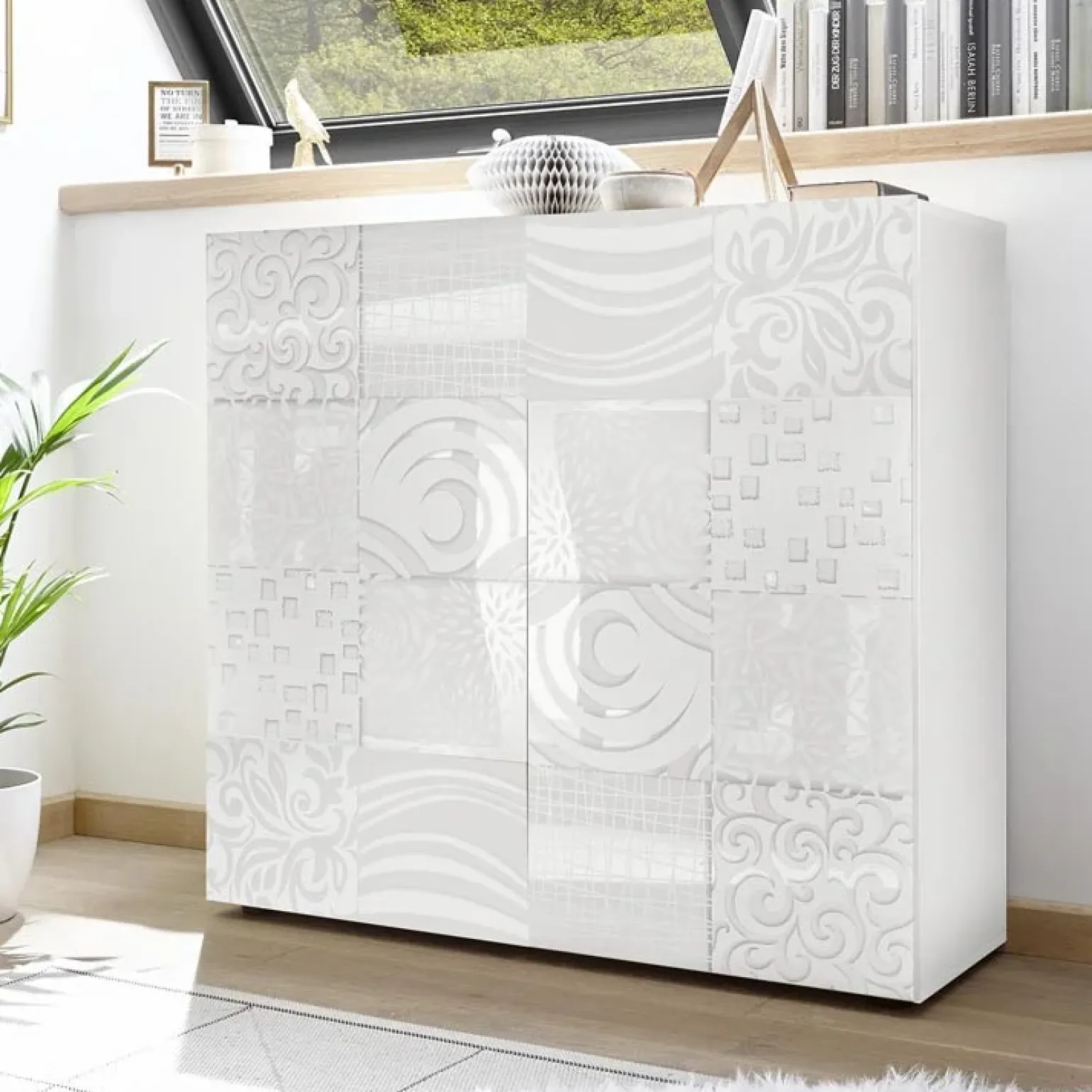 Credenza alta 121x111h cm 2 ante bianco laccato lucido con serigrafia Paradise